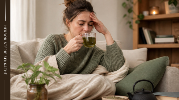 Femme fatiguée buvant une tisane d’ortie sur un canapé, solution naturelle contre la fatigue liée à une carence en fer - Herboristerie Sensathé Femme fatiguée buvant une tisane d’ortie sur un canapé, solution naturelle contre la fatigue liée à une carence en fer - Herboristerie Sensathé